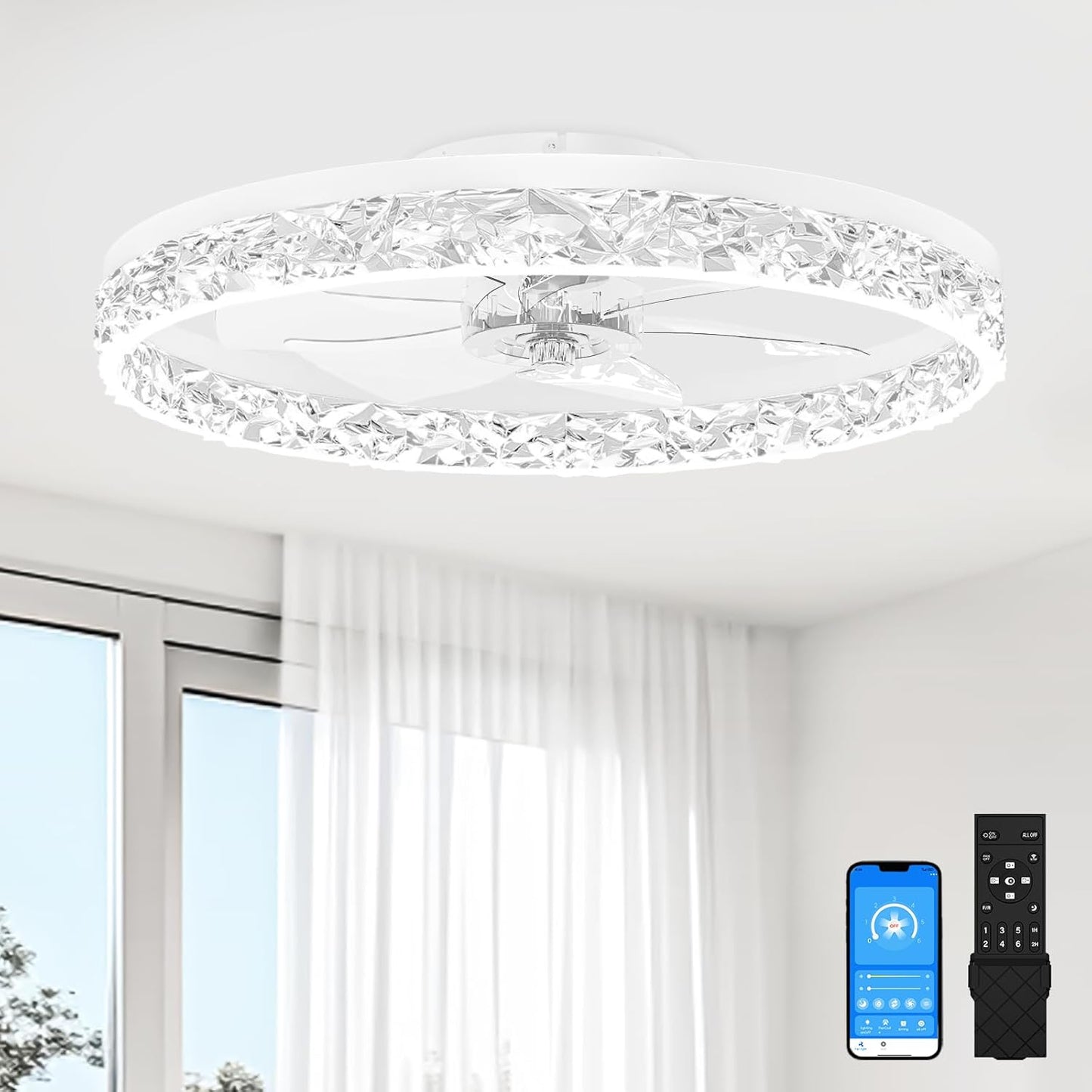 Modern Bladeless Ceiling Fan with Light & Remote - 15.7in Low Profile Fandelier, Dimmable 3000K-6500K for Bedroom