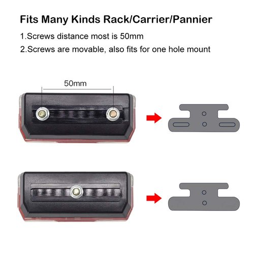 Bike Rack Tail Light with 2 Modes Steady and Flashing, Bicycle Rear Rack Light Easy to Install on Cargo Rack, Fit 50mm Bolt Holes Mount, Taillight for Bicycle