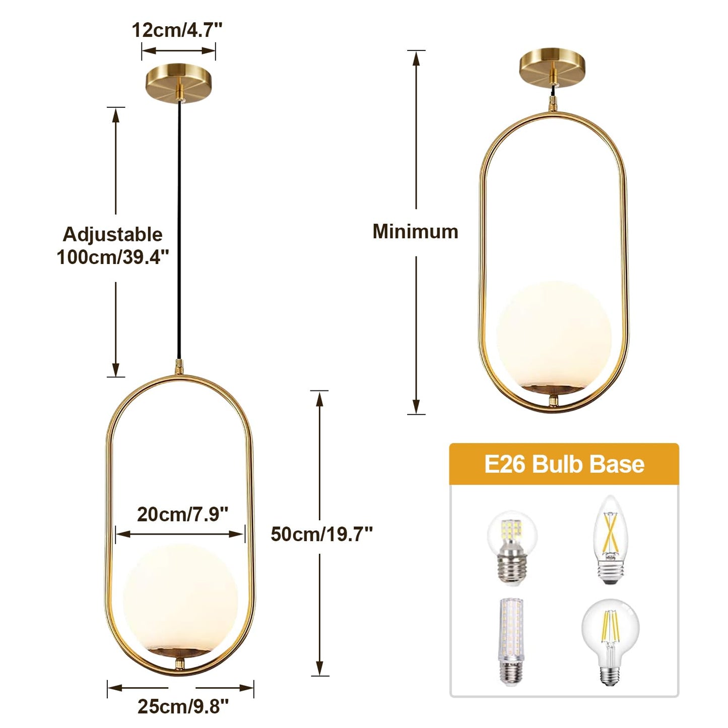BOKT Modern 1-Light Large Globe Pendant Light Fixture Mid Century Brass Gold White Glass Pendant Lighting Kitchen Island Minimalist Round Ceiling Hanging Pendant Lamp (White-Large)