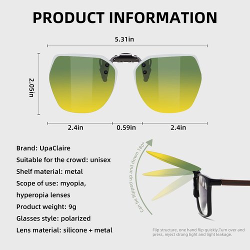 UpaClaire Day & Night Night Driving Glasses and Sunglasses Clip-On, Polarized Glare Reduce, High Definition Vision