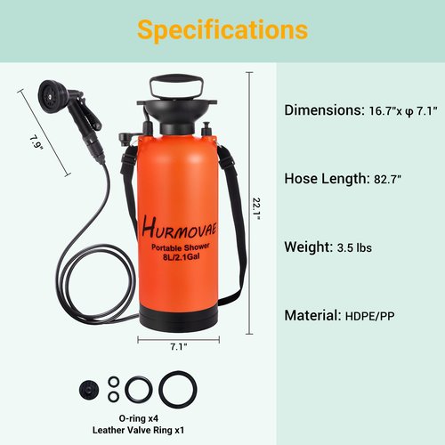 Hurmovae 2.1 Gallon/8L Portable Shower–10 Spray Modes, Nylon Insulated Sleeve & No Electric Needed, Beach Shower for Surfing, Camping, Traveling & Hiking, Portable Water Sprayer, Orange