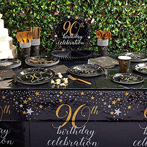 Sparkle and Bash 3 Pack Happy 90th Birthday Tablecloth, Disposable Plastic Cover (54 x 108 in) - Cheers to 90 Years Party Supplies