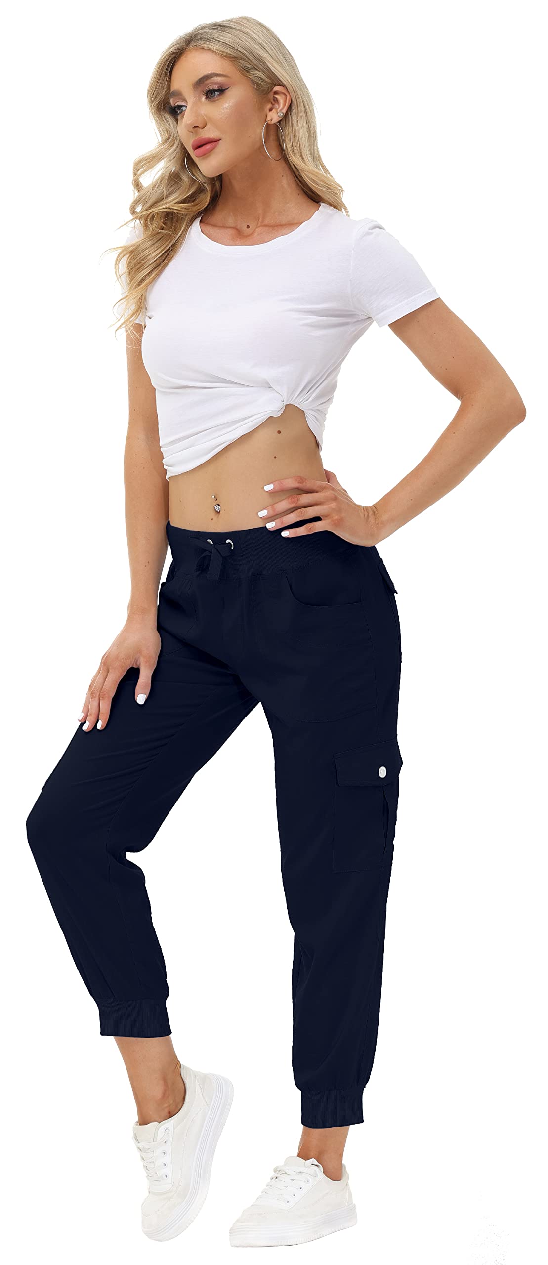 MoFiz Women Cargo Pants with Pockets Lightweight Outdoor Summer Travel Casual Hiking Pants Running Joggers Sweatpants Elastic Waist Navy 2XL