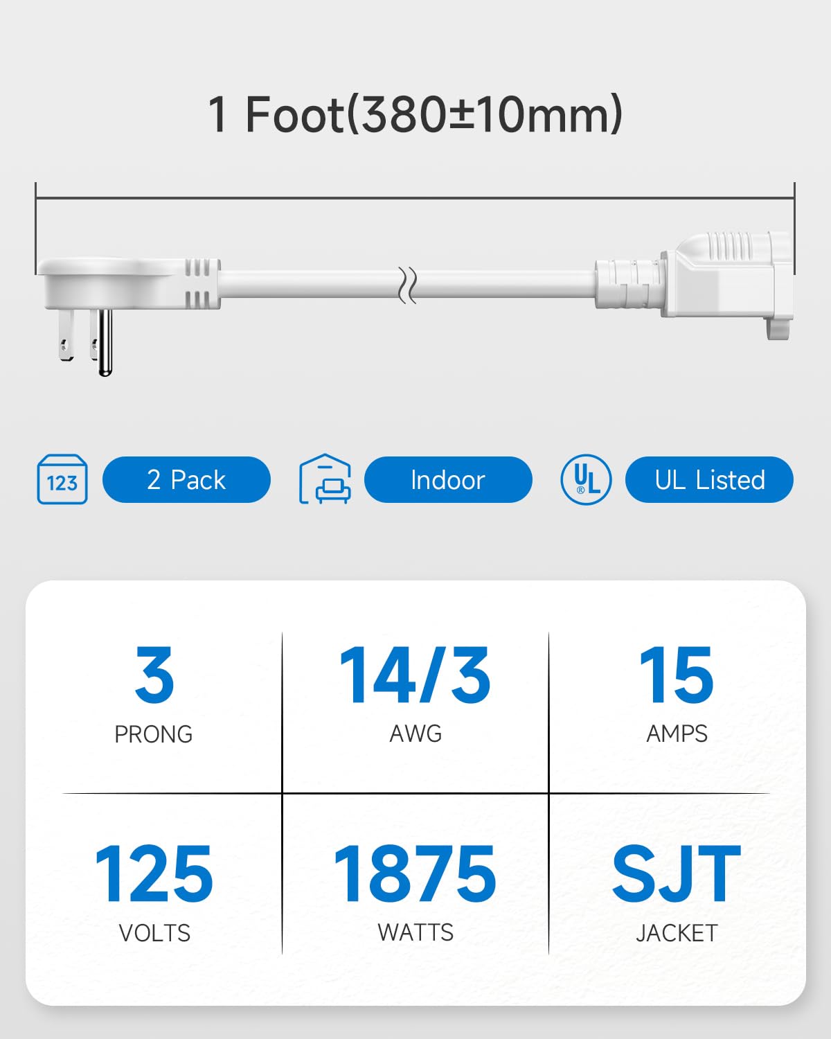 1Ft Flat Plug Short Extension Cord, 90 Degree Plug Adapter, White Low Profile 3 Prong Small Grounded Cords 14 AWG 15A 1875W 2 Pack