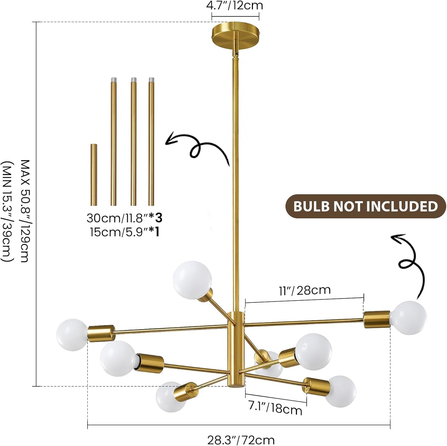 8-Light Gold Sputnik Chandelier - Modern Adjustable Ceiling Light for Dining Room, Kitchen & Foyer