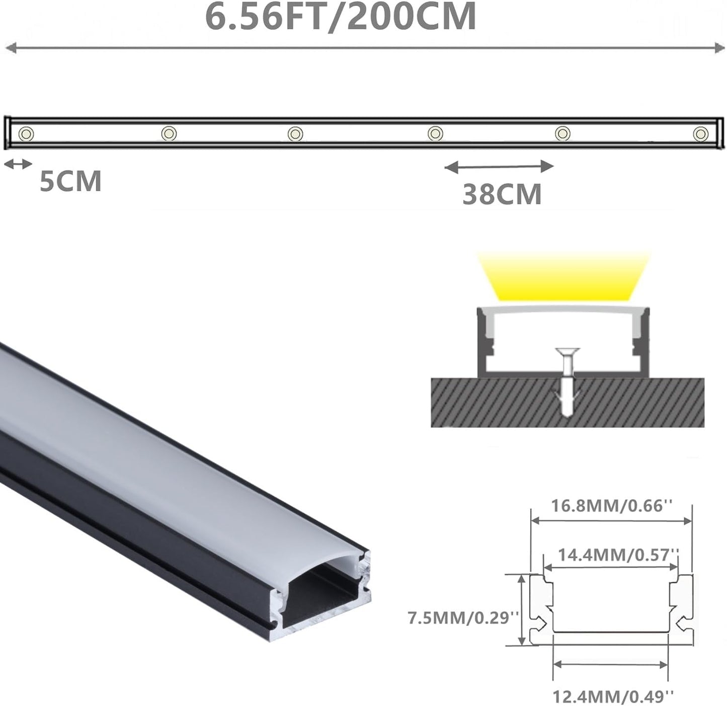 THMOOTHER 10-Pack 6.56FT Pre-Drilled Countersunk Hole LED Strip U Channel Diffuser, Matte Black Flush Mounted Under Cabinet Tape Light Aluminum Low Profile with Milky Cover (10, 6.56FT)