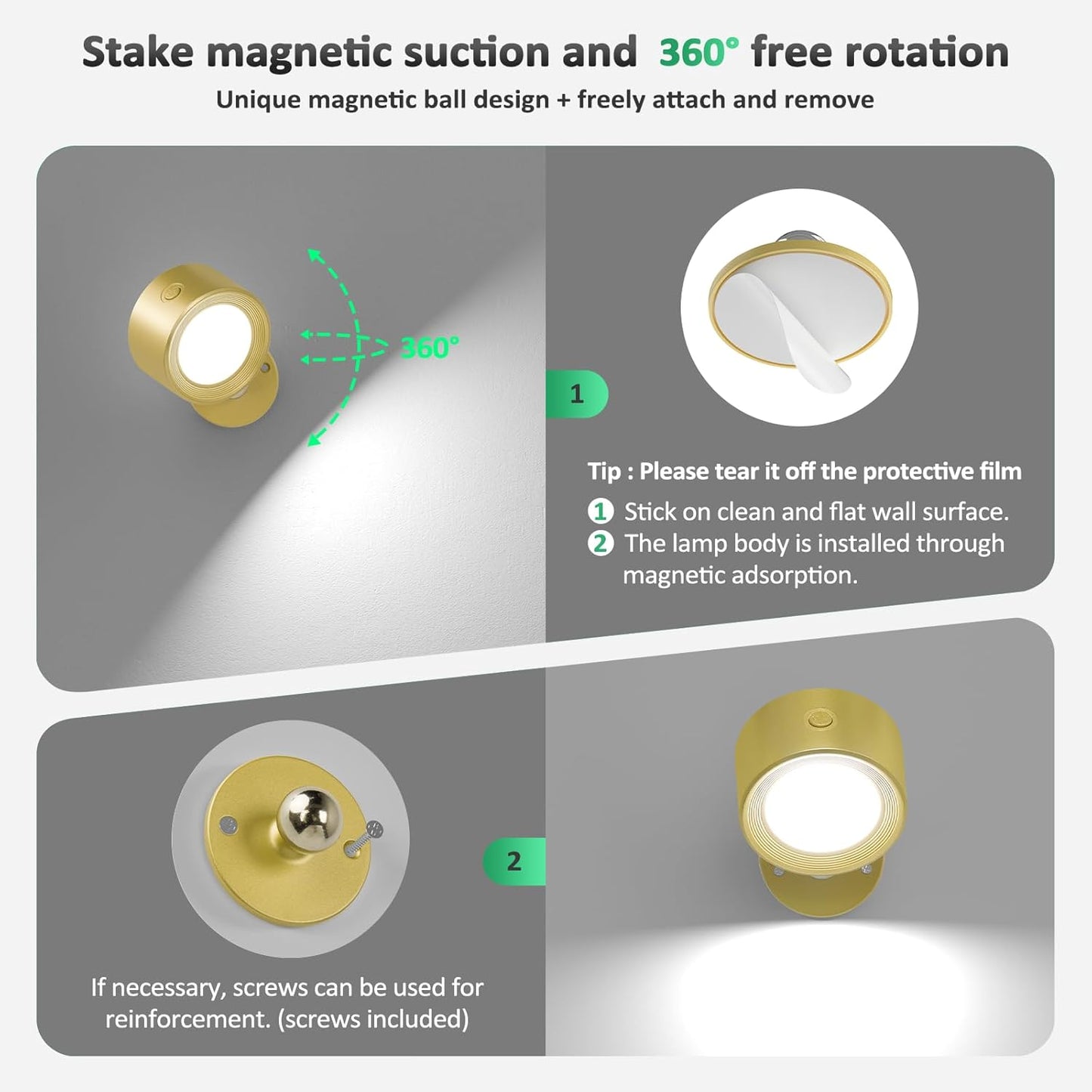 Rechargeable LED Wall Mounted Lights - 3 Pack with Remote, Dimmable & 360° Rotation for Bedroom
