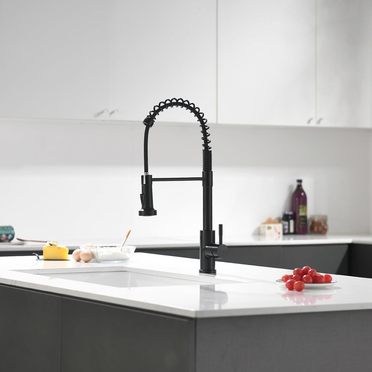 Matte Black Kitchen Faucet with Soap Dispenser - Commercial Single Handle Pull Down Sprayer