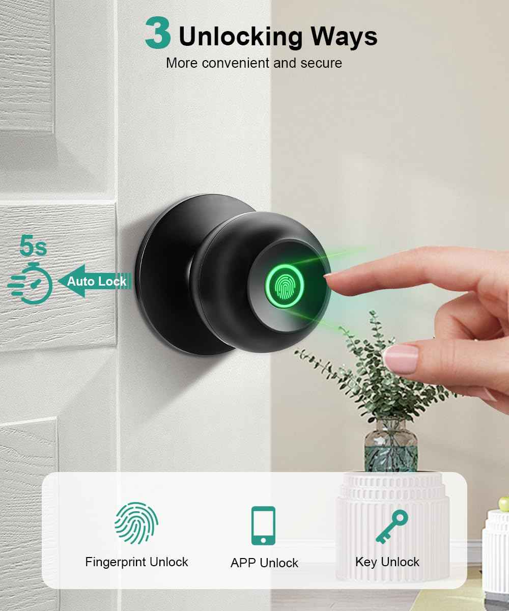 Fingerprint Door Lock, Smart Fingerprint Door Knob with Lock, Biometric Door Locks with App Control & Key, Keyless Thumbprint Entry Door Locks for Bedroom, Front Door,Home,Office-2 Pcs-Polished Black