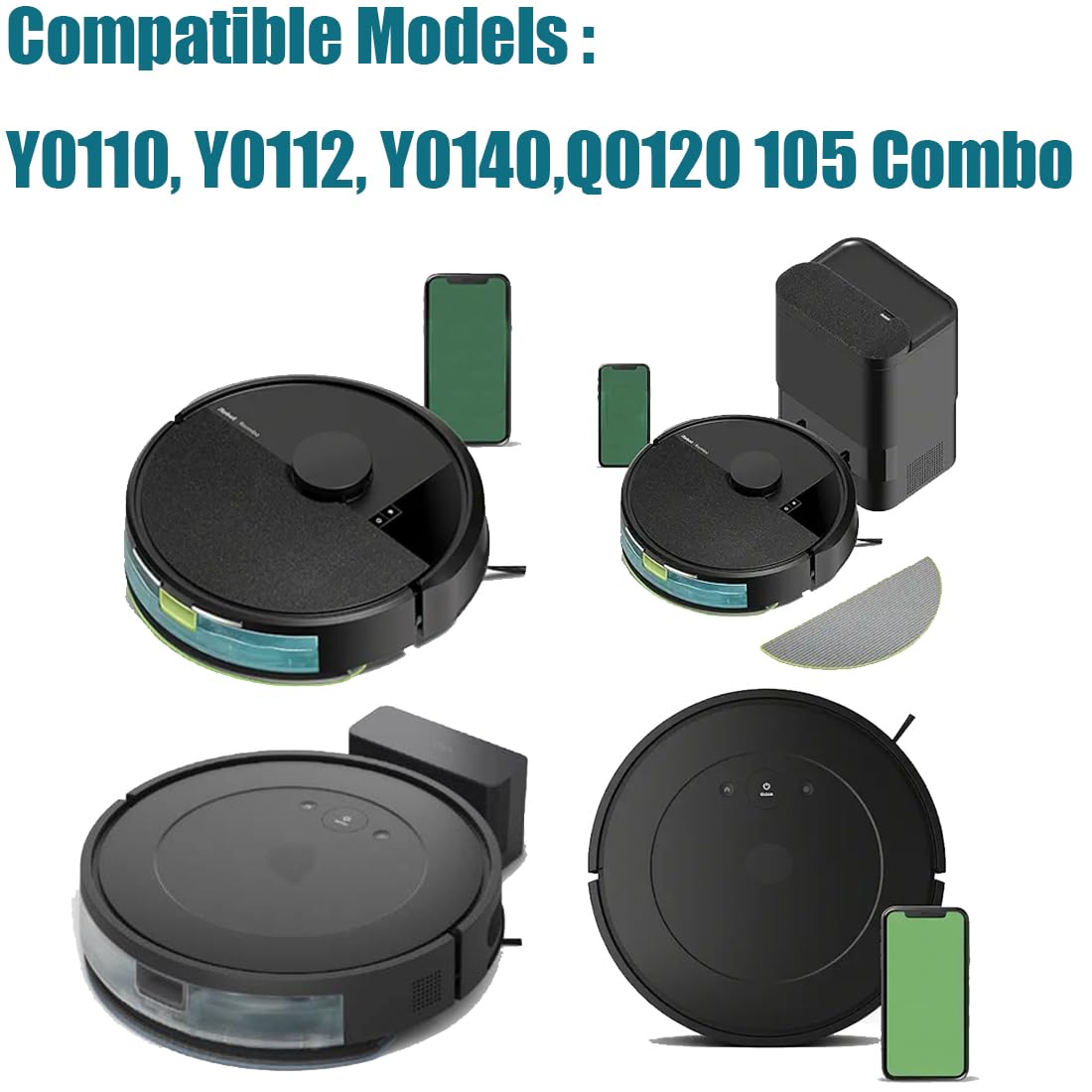 Replacement Parts Accessories for iRobot Roomba Combo Essential Vac 2 Y0110,Y0112,Y0140,Q0120 Q052 2 Main Brush Rollers, 8 Hepa Filters, 8 Side Brushes, 1 Brush Cleaning Tool Caster Wheel
