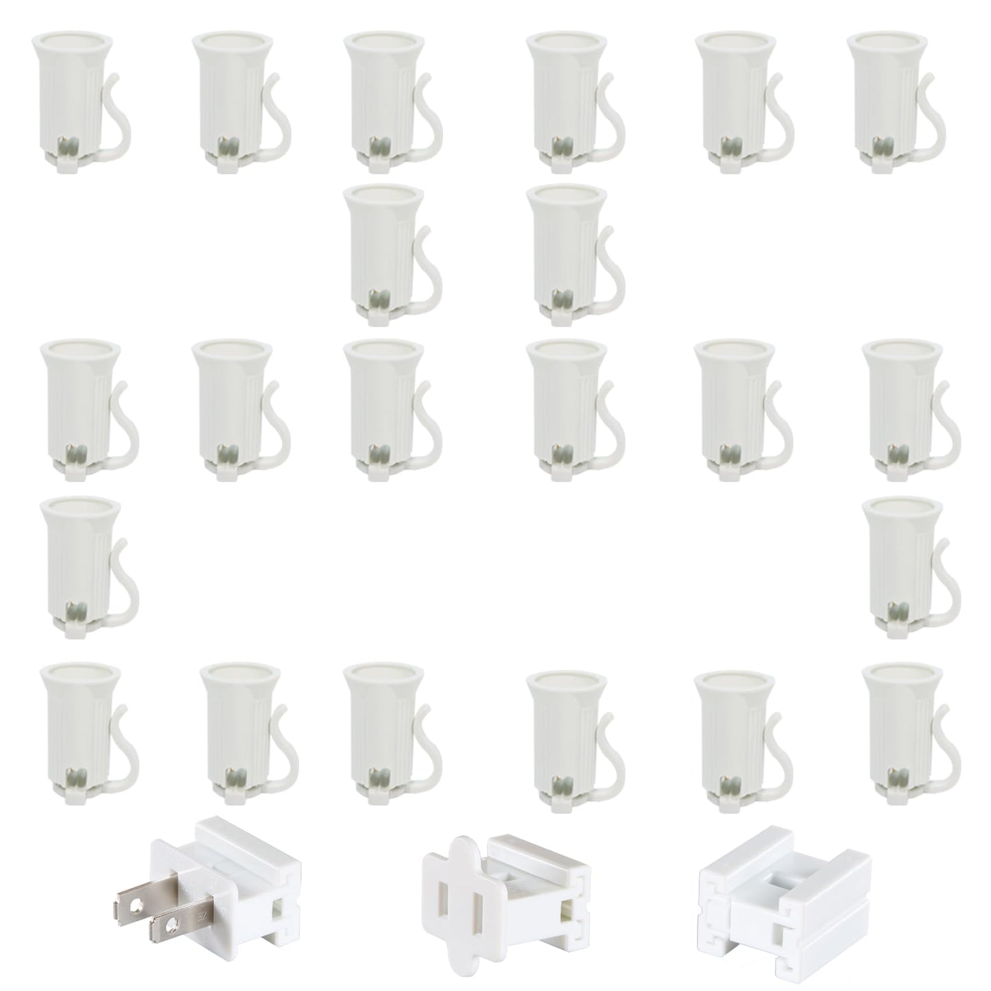 Encoidoz 25PCS C7 E12 Replacement Bulb Sockets & 1PC Vampire Plugs & 1 Wire Connector, C7 White Light Socket SPT-1 Christmas String Light Replacement Lamp Holder(E12, White, SPT-1)