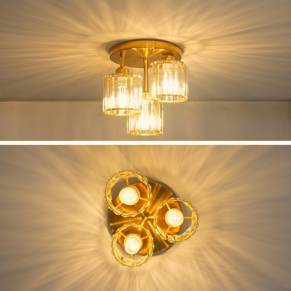 Modern Gold Crystal Ceiling Light Fixture - 11-Inch Semi Flush Mount Chandelier for Kitchen & Entryway
