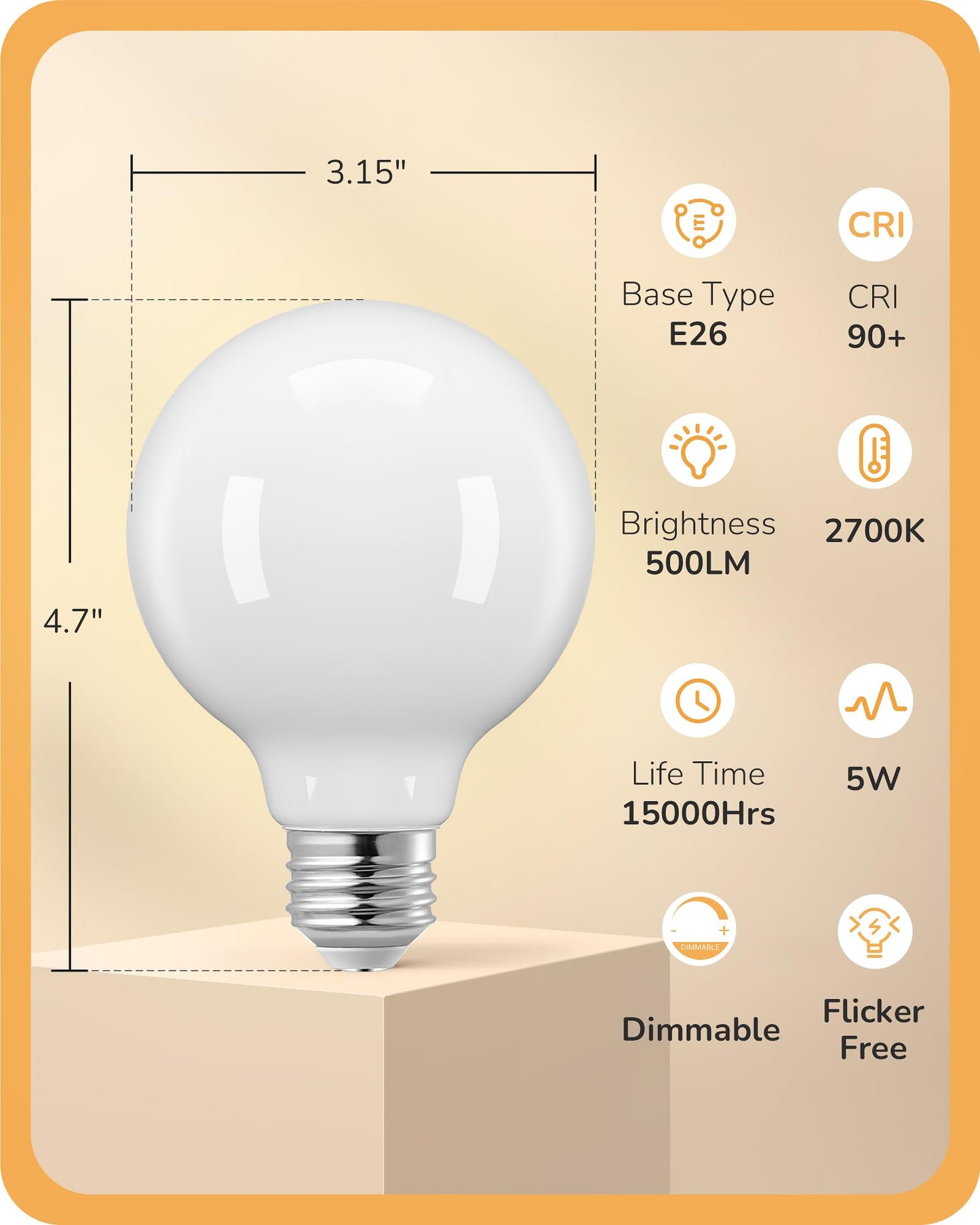EDISHINE Dimmable G25 Globe LED Edison Light Bulb, 5W Equivalent 60W, CRI90+ Vanity Light Bulbs, Milky Glass LED Light Bulb for Bathroom, Mirror, E26 Base 500LM 2700K Warm White, 6 Pack, UL Listed
