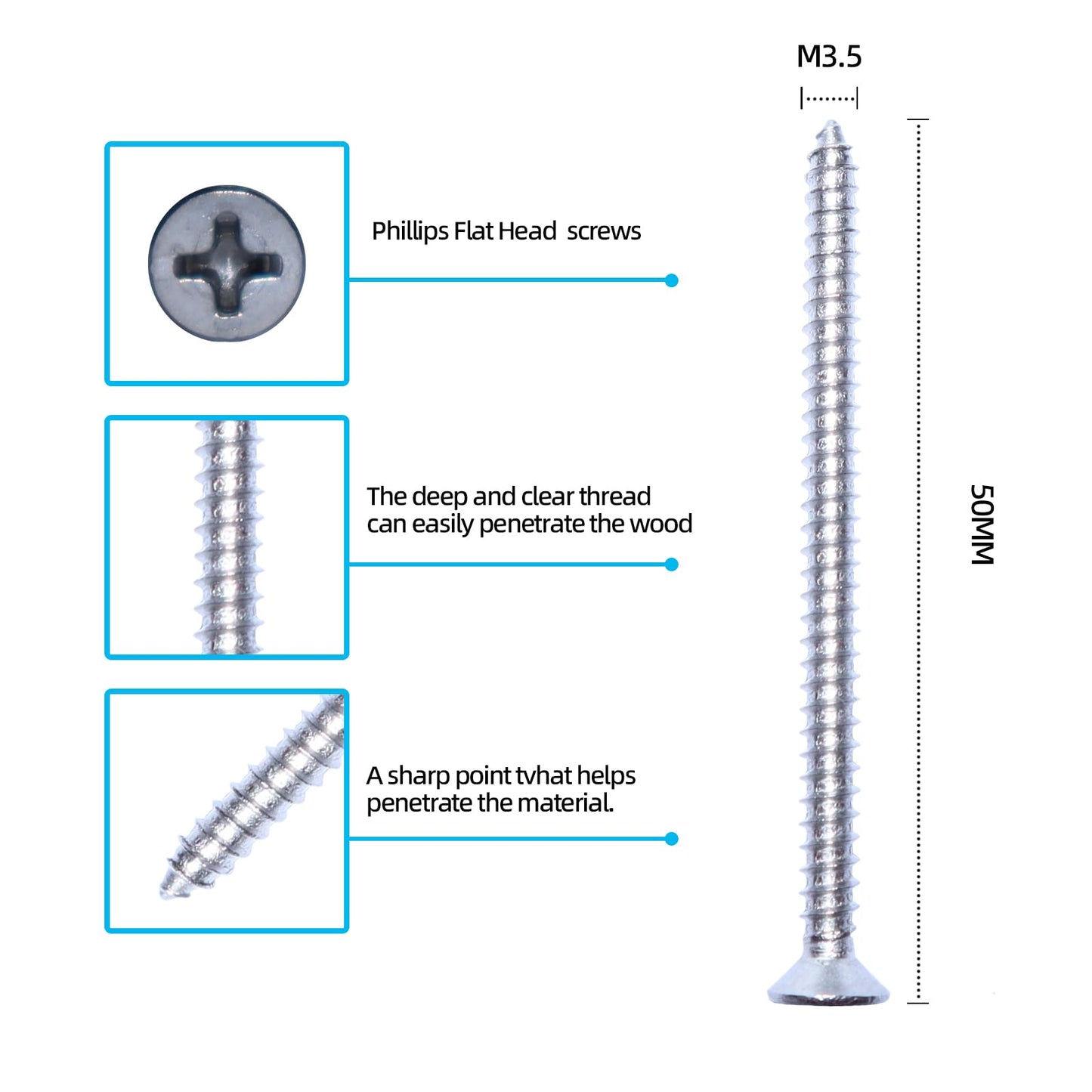 #6 x 2" Stainless Flat Head Phillips Wood Screw, 100 pcs, 18-8 (304) Stainless Steel Screws by NIANXIHAN (M3.5 x 50mm)