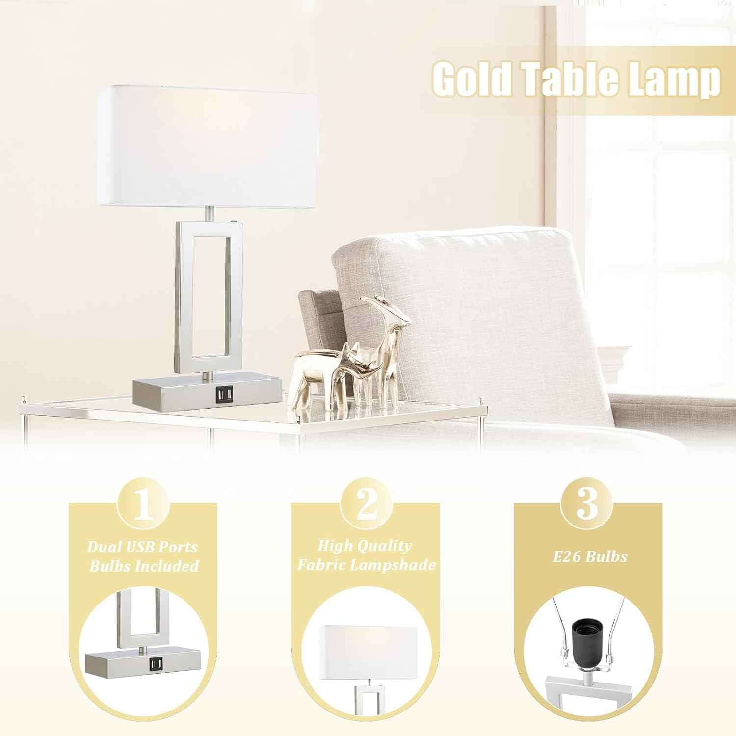 Gold Table Lamps Set of 2 - 3-Way Dimmable Touch Control with USB Ports, 22” Modern Design for Bedroom & Living Room