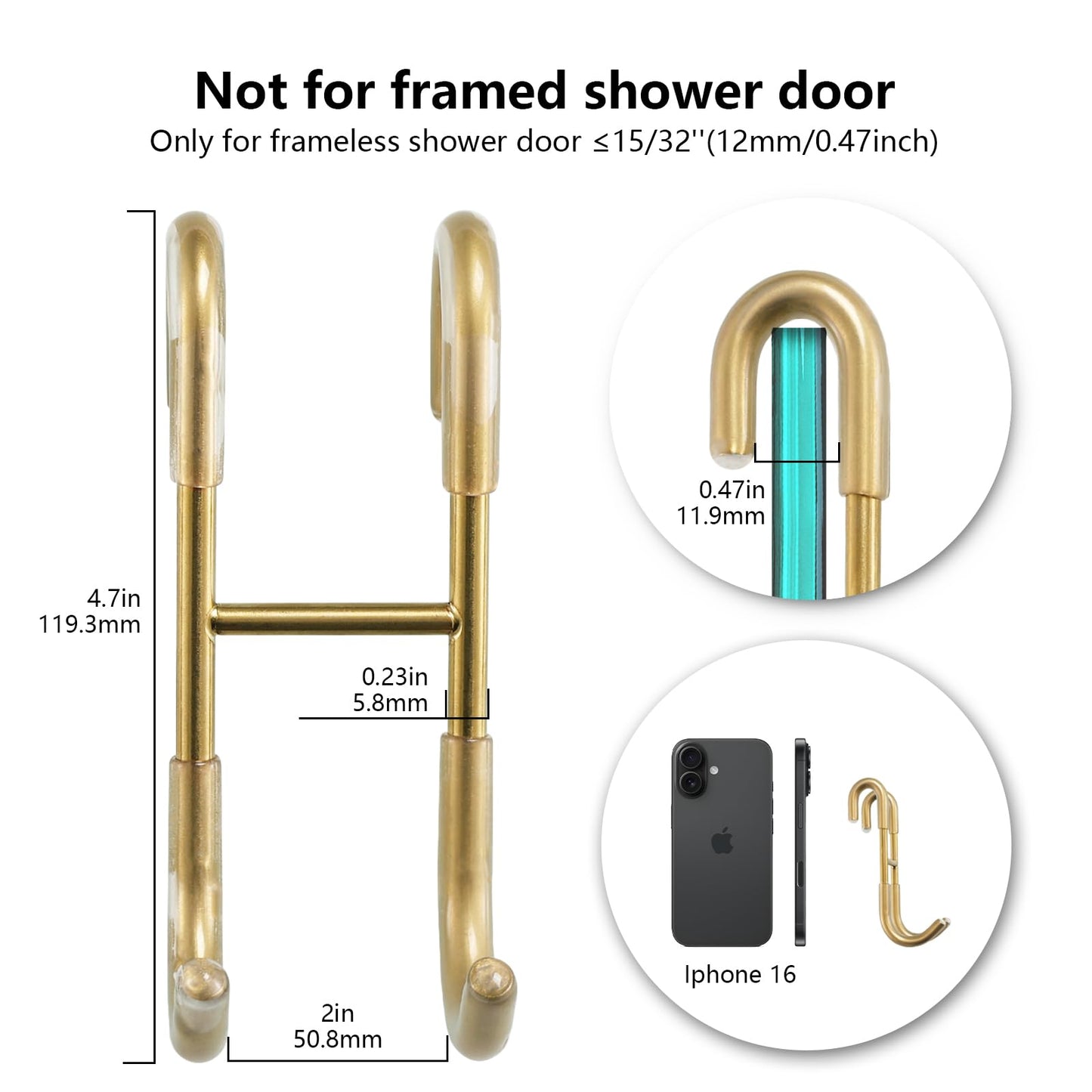 NINETREX Shower Door Hooks,Over Glass Door Hooks for Bathrooms Frameless Glass,Heavy Duty SUS 304 Stainless Steel Hook for Towels,Squeegee,Loofah,Shaver,Robe,2 Pack,Gold