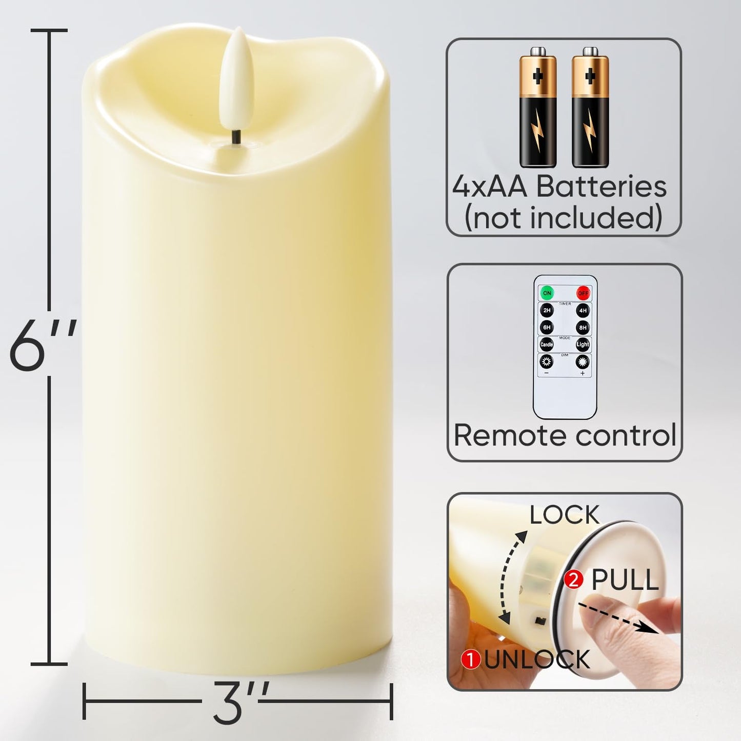 Raycare 6"x3" Outdoor Waterproof Flameless Candles, Battery Operated LED Candles with Remote Control and Timer, Electric Fake Plastic Pillar Candles, Dark Ivory, Set of 2