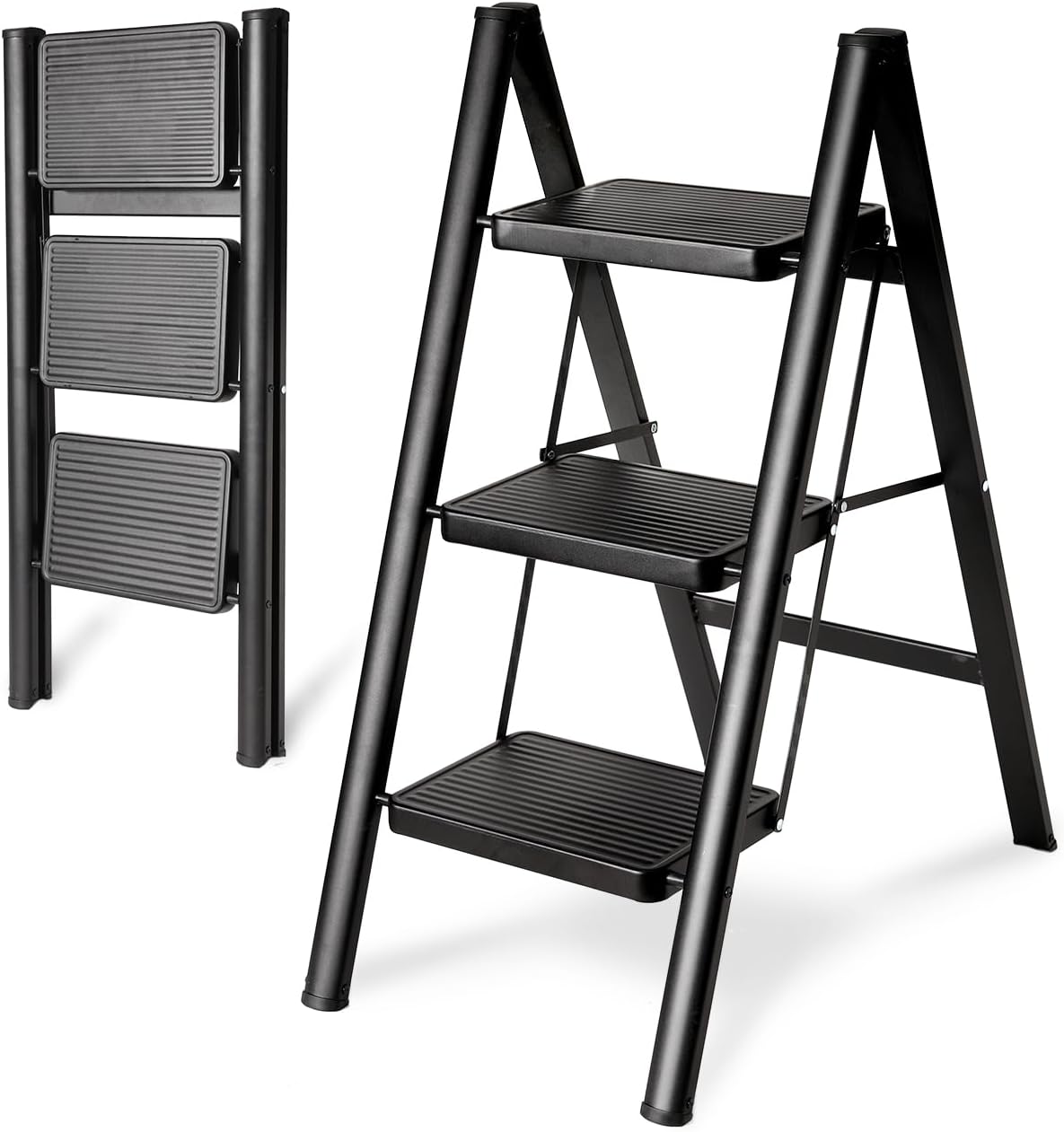 3-Step Folding Step Ladder - Sturdy 330 Lbs Capacity, Anti-Slip Pedals, Multi-Use Kitchen Stool, Black