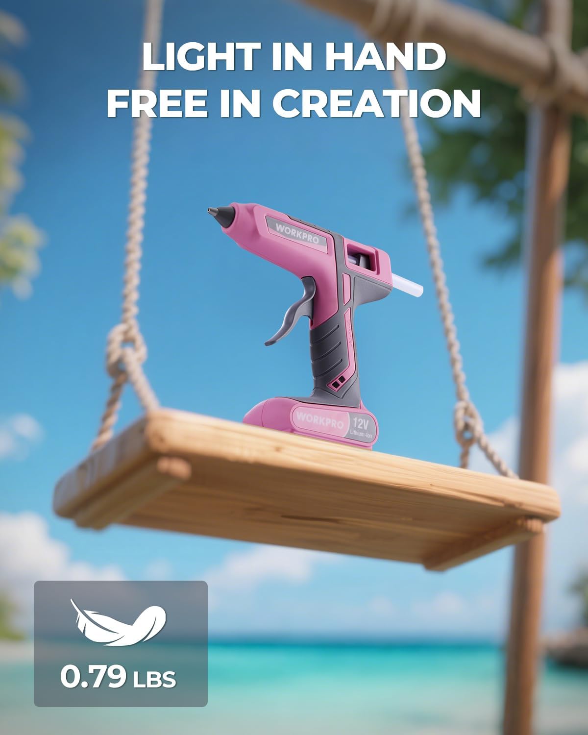 WORKPRO 12V Cordless Hot Melt Glue Gun Kit with 15 Glue Sticks - Fast Preheating, Auto Power-Off for DIY Crafts - Pink Ribbon