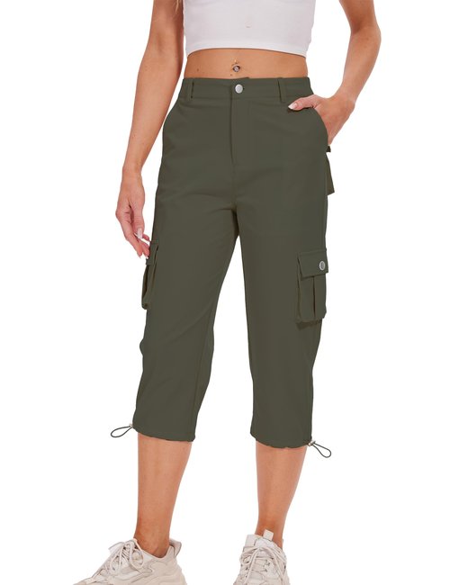 DAOAO Cargo Capris for Women Hiking Pants Casual Summer Quick Dry Outdoor Travel Pull On Capri with 6 Pockets Green L