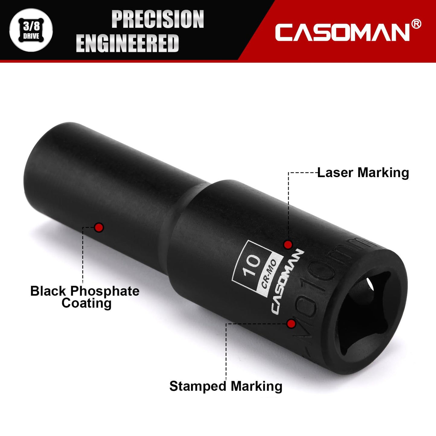 CASOMAN 3/8" Drive 10mm Deep Magnetic Impact Socket, Metric, 6-Point, CR-MO with Black Phosphate Finish