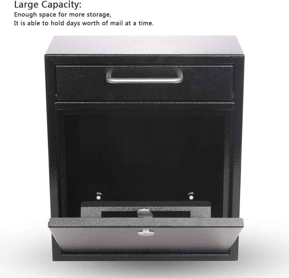 Secure Wall-Mount Mailbox with Lock | KYODOLED Large Steel Drop Box, Black, 16.2H x 11.22L x 4.72W