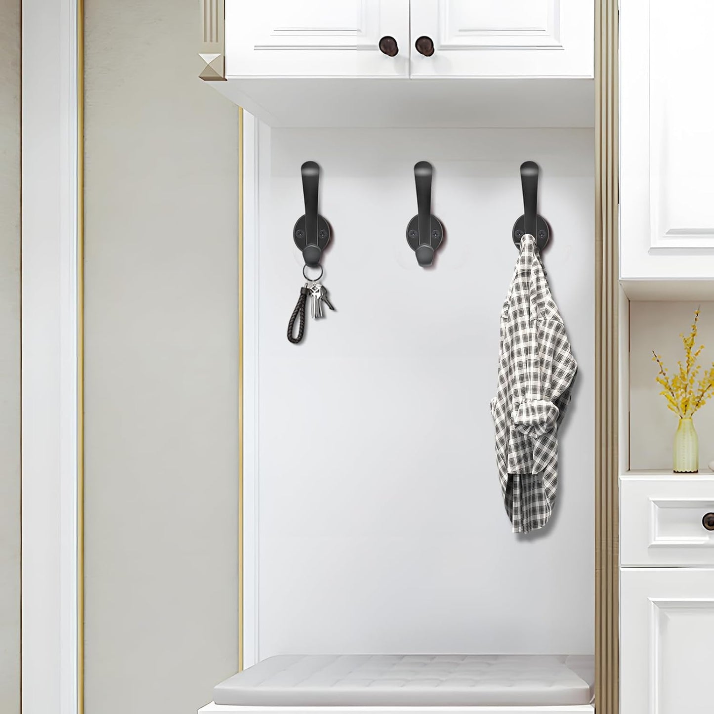 PEOIAOY 2 Pack Coat Hooks Wall Mount Heavy Duty Utility Retro Double Hooks for Hanging Coats,Hat, Towel, Key, Robe, Scarf, Bag, Cap (Black)