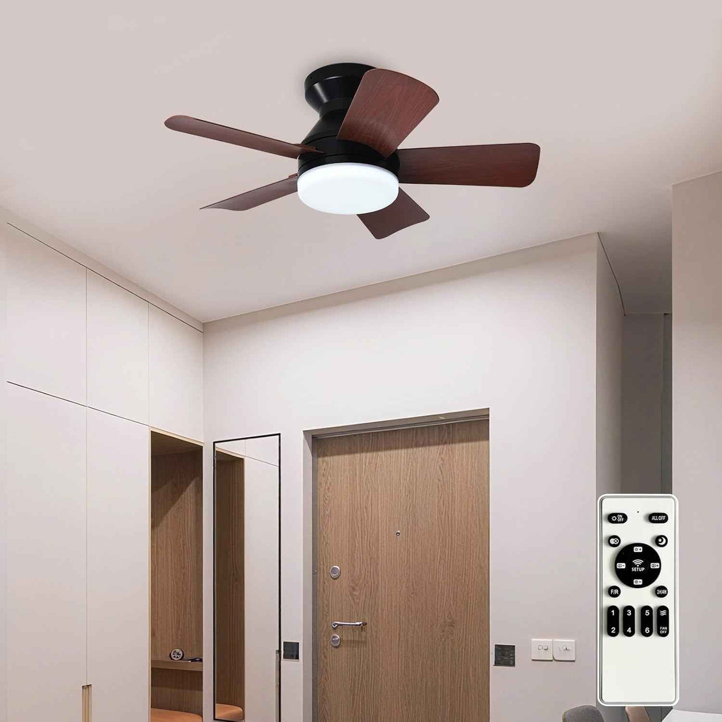 42-Inch Modern Black Ceiling Fan with Light & Remote - Dimmable Low Profile, 5 Reversible Walnut Blades, 6 Speeds for Indoor/Outdoor Use