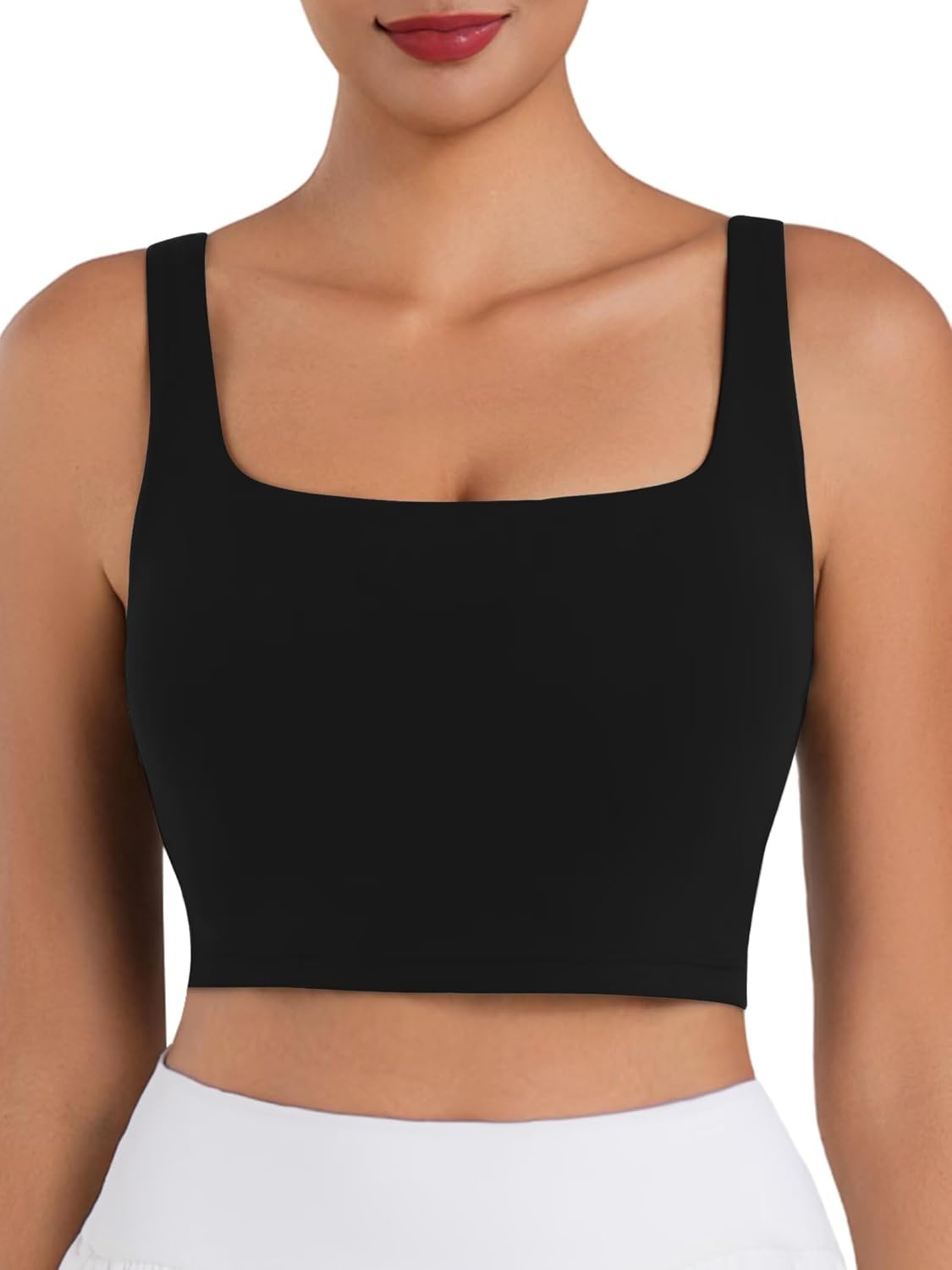 Sunzel Square Neck Longline Sports Bra - Padded Yoga Crop Tank Top with Wide Straps for Women