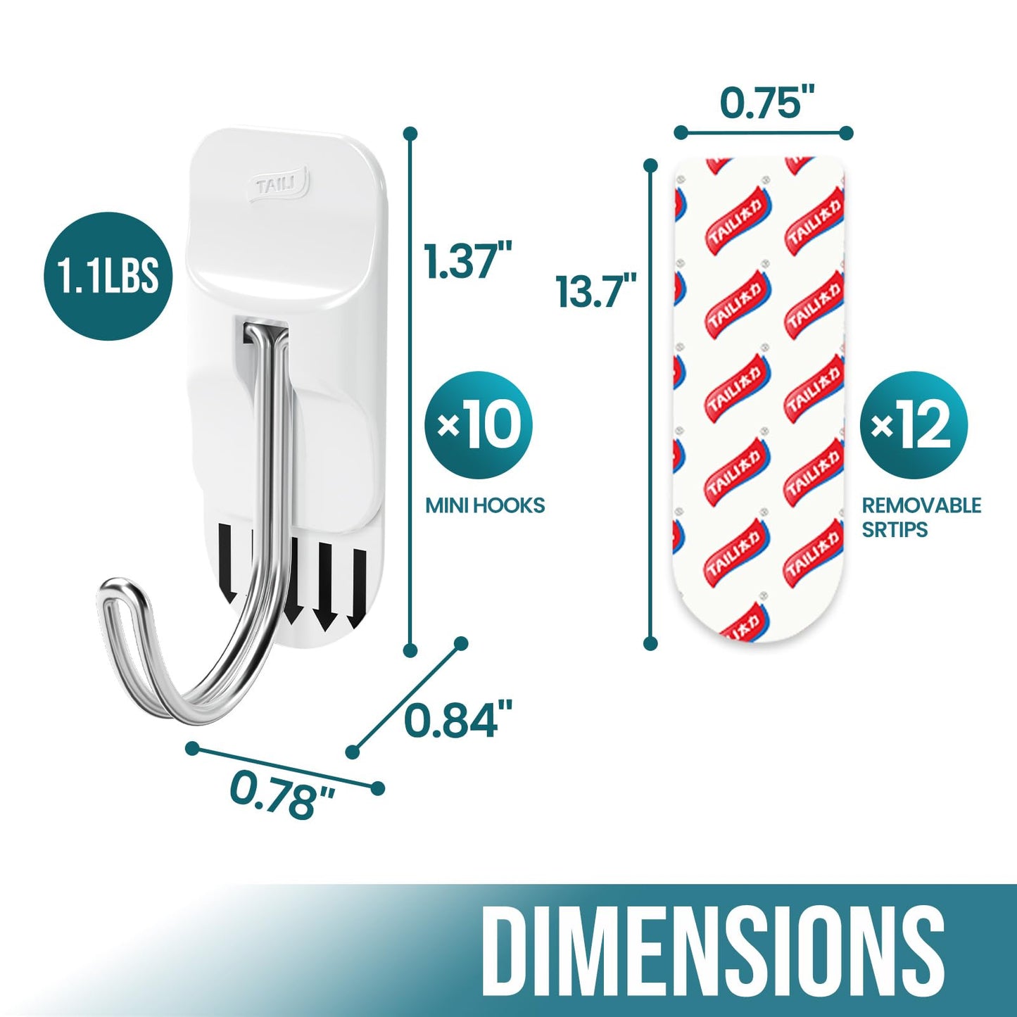 TAILI Damage-Free Hanging Hooks,10 Mini Utility Hooks and 2 Pcs Adhesive Strips, Holds up to 1.1 lb, No Tools Damage-Free Stick on Bathroom or Kitchen for Hanging Decorations,Organization-White