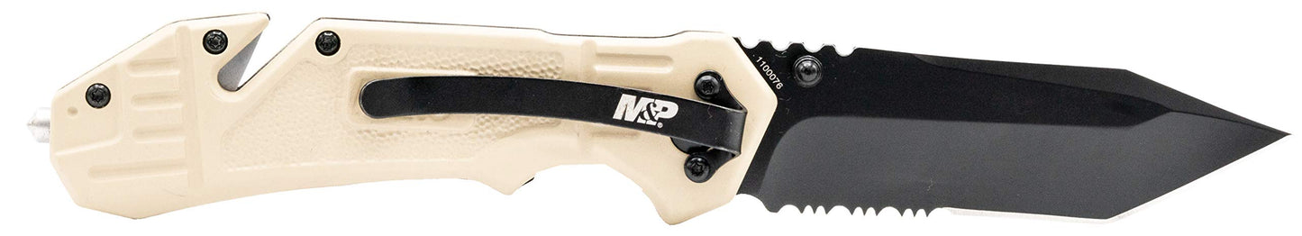 Smith & Wesson M&P FDE 8.2in High Carbon S.S. Spring Assisted Folding Knife with 8in Serrated Tanto Blade and Rubberized Handle for Outdoor Survival and EDC,Black