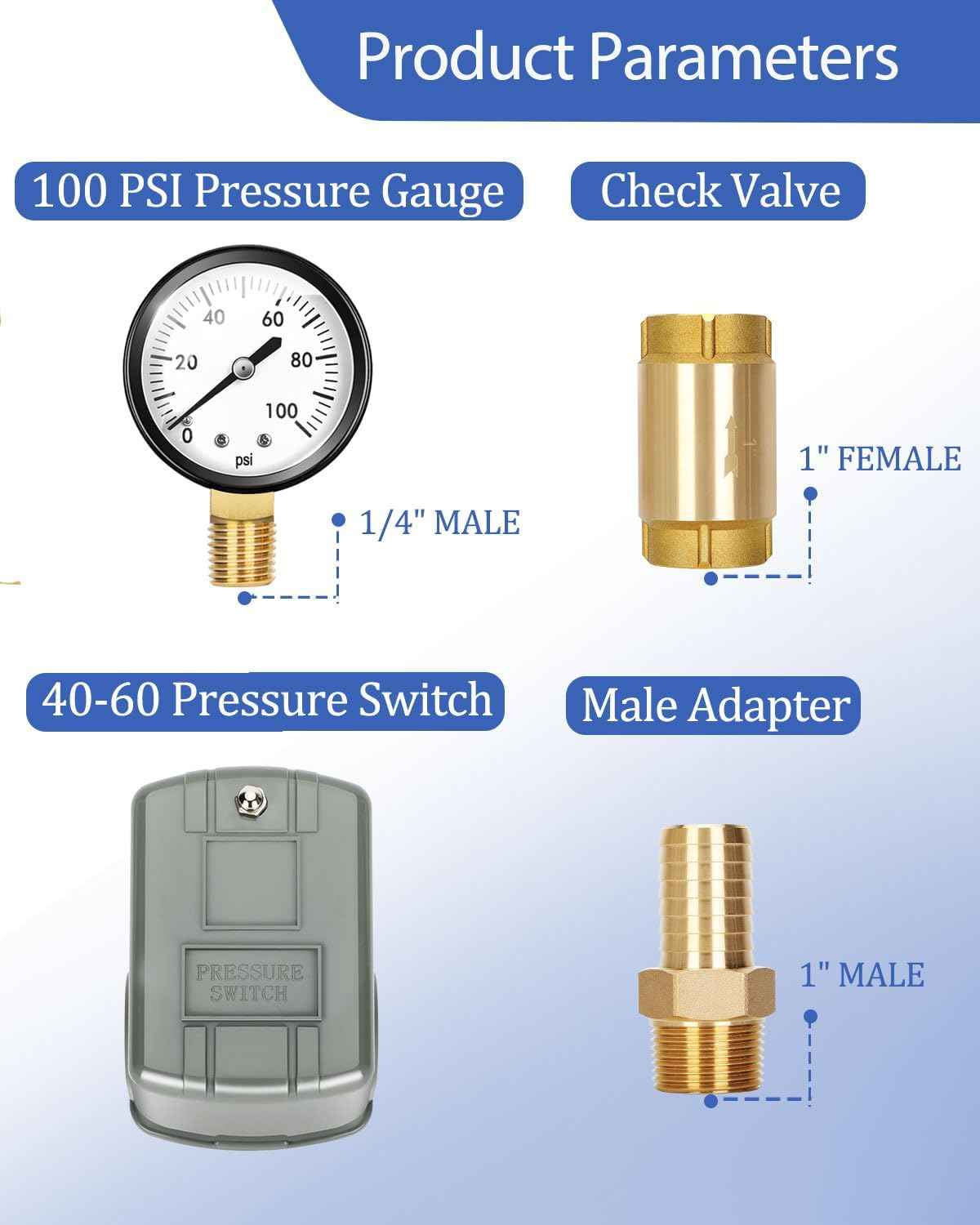 Well Pressure Tank Tee Kit with Union & 40-60 PSI Switch - Upgraded 1” x 11” for Tanks Up to 16” Diameter