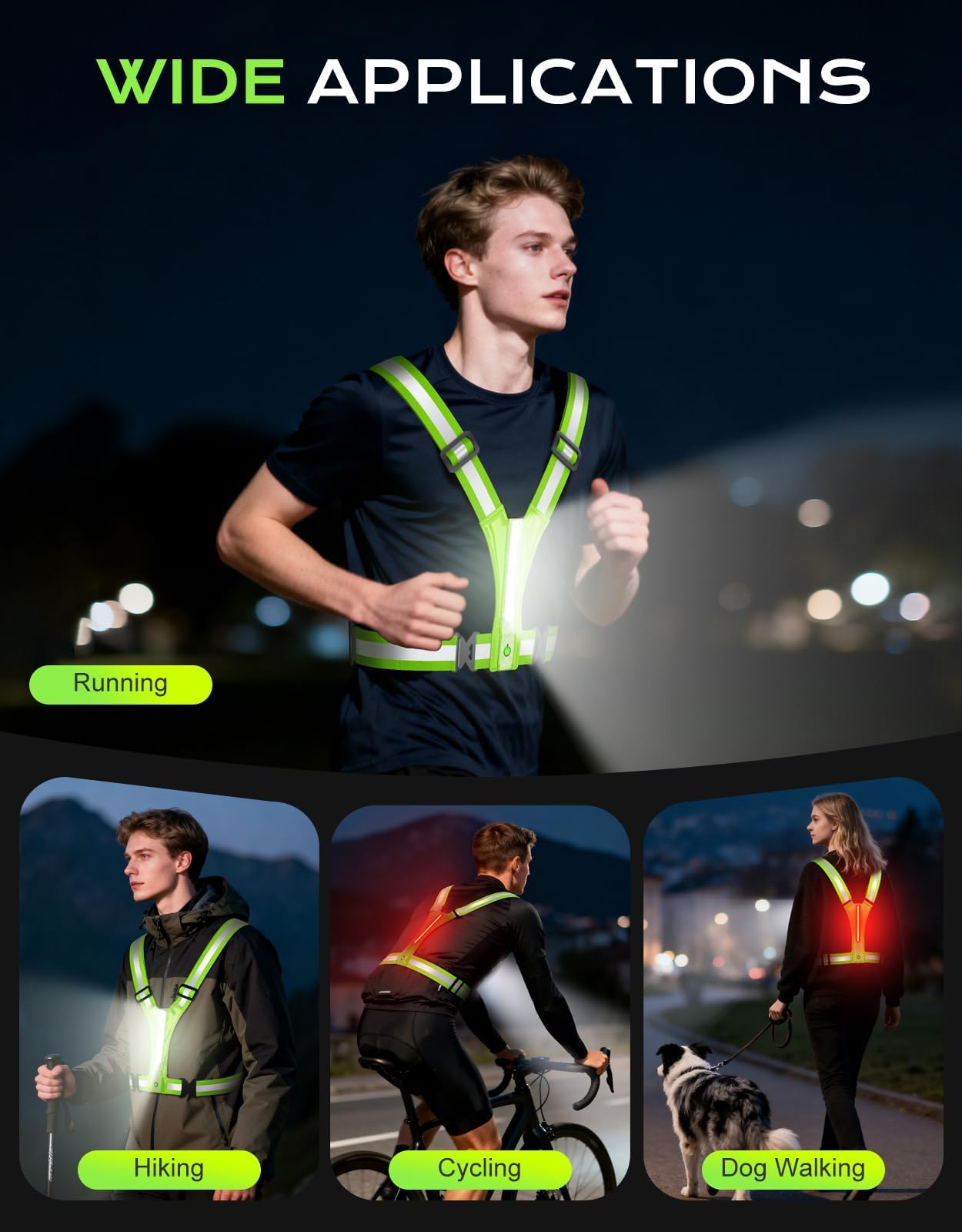 Cuvccn LED Reflective Vest Super Bright Lighting, 360° Visible Running Light for Runners, Waterproof Adjustable Reflective Running Vest Headlamp Gear for Men/Women/Kids Night Walking/Running/Cycling