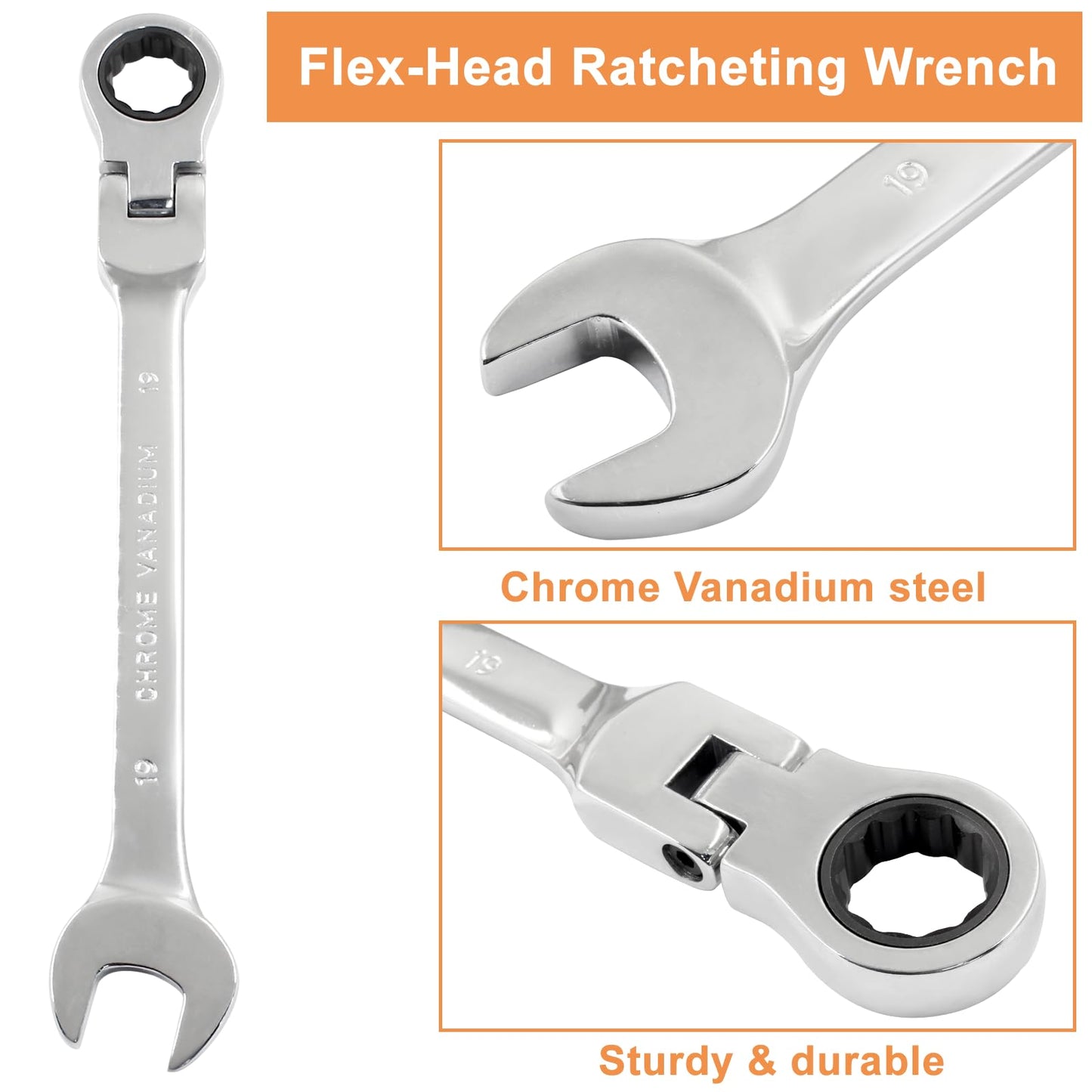 Piutouyar 19mm Flex-Head Ratcheting Wrench, Professional Metric Ratchet Wrench Combination Wrench Box Ended Spanner Tool for Projects Repair(5° Movement and 72 Teeth 12 Point, CR-V)