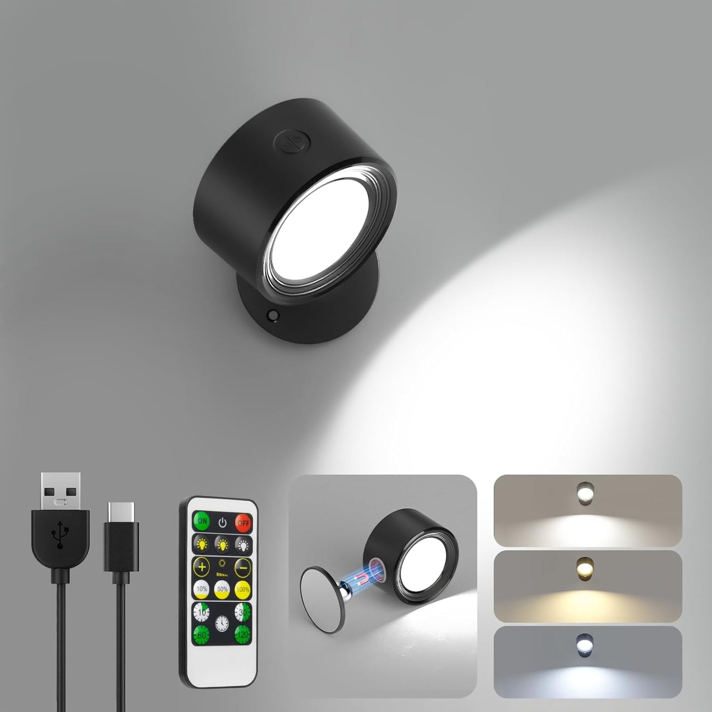 Rechargeable LED Wall Mounted Lights - 3 Pack with Remote, Dimmable & 360° Rotation for Bedroom
