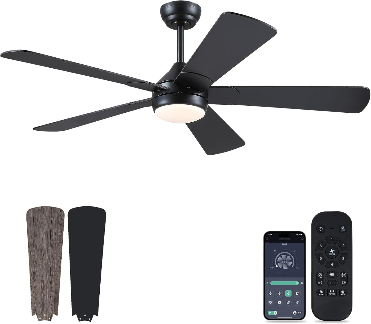 46” Black Low Profile Ceiling Fan with Lights & Remote Control - Dimmable, Noiseless, Reversible for Bedroom