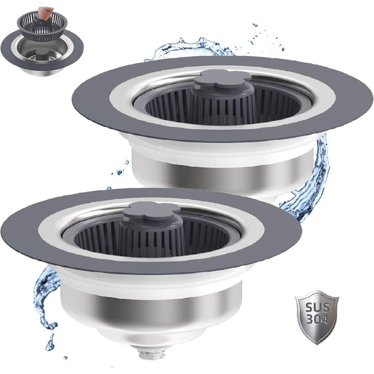 2 Pack Upgraded 3 in 1 Kitchen Sink Drain Strainer, Pop Up Sink Strainer Kitchen Drain Stopper Combo,Anti-Clogging Stainless Steel Sink Strainer Basket Plug & Cover for US Standard 3-1/2 Inch Drain