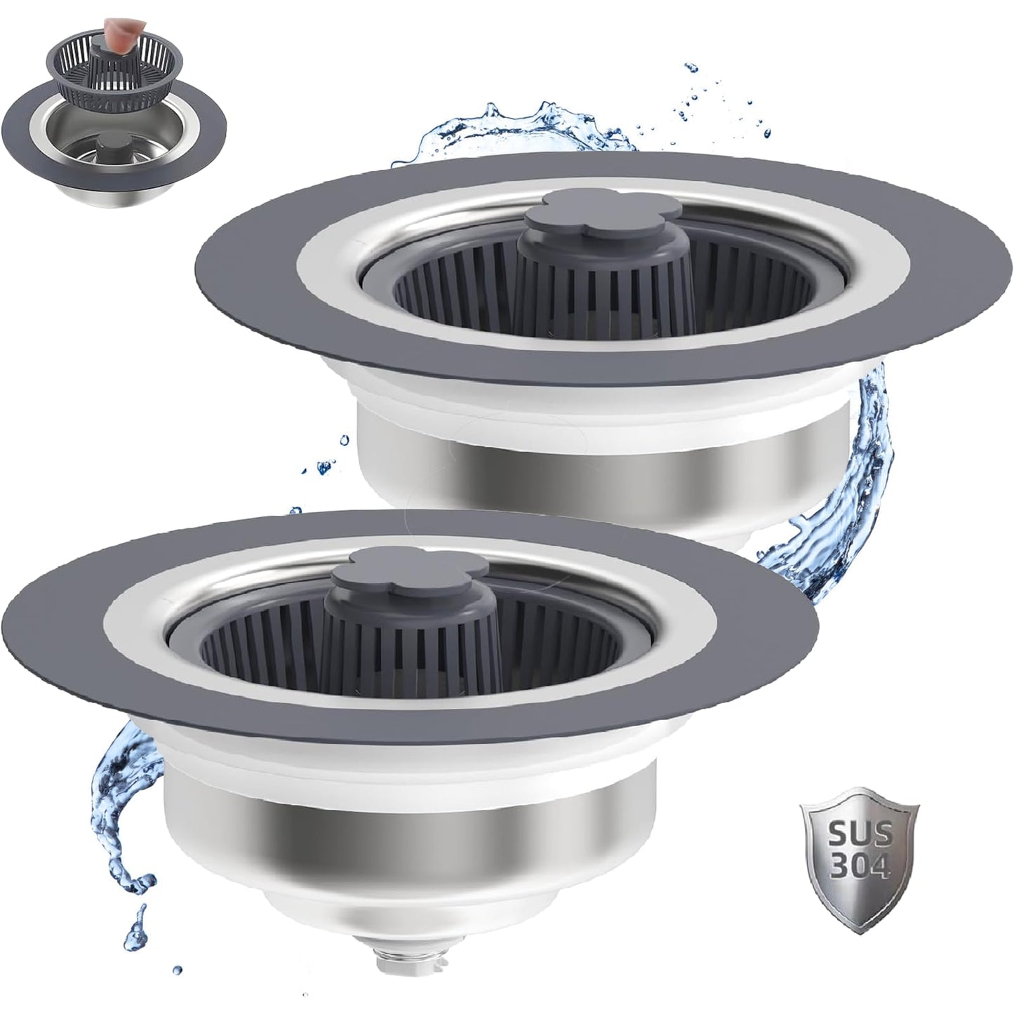 2 Pack Upgraded 3 in 1 Kitchen Sink Drain Strainer, Pop Up Sink Strainer Kitchen Drain Stopper Combo,Anti-Clogging Stainless Steel Sink Strainer Basket Plug & Cover for US Standard 3-1/2 Inch Drain