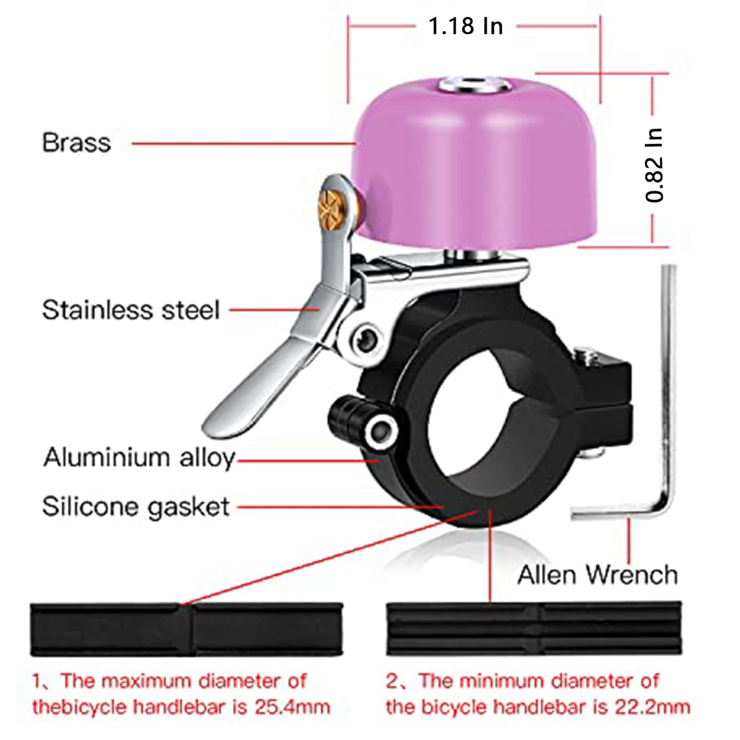 Greallthy Bike Bell Classic Brass Bicycle Bell,Bike Bells for Adults Kids, Loud Retro Bell for Road & Mountain Bikes, Universal Handlebar Fit (Pink).