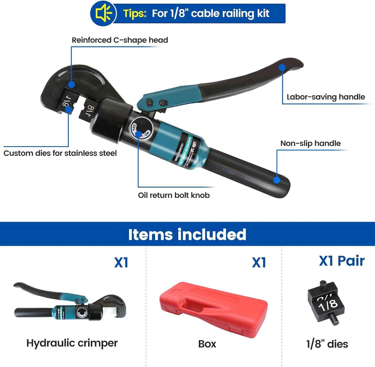 Hydraulic Crimping Tool for Stainless Steel Cable Railing - Muzata Custom Cable Swaging Kit with Wire Cutter (1/8", 5/32", 3/16")