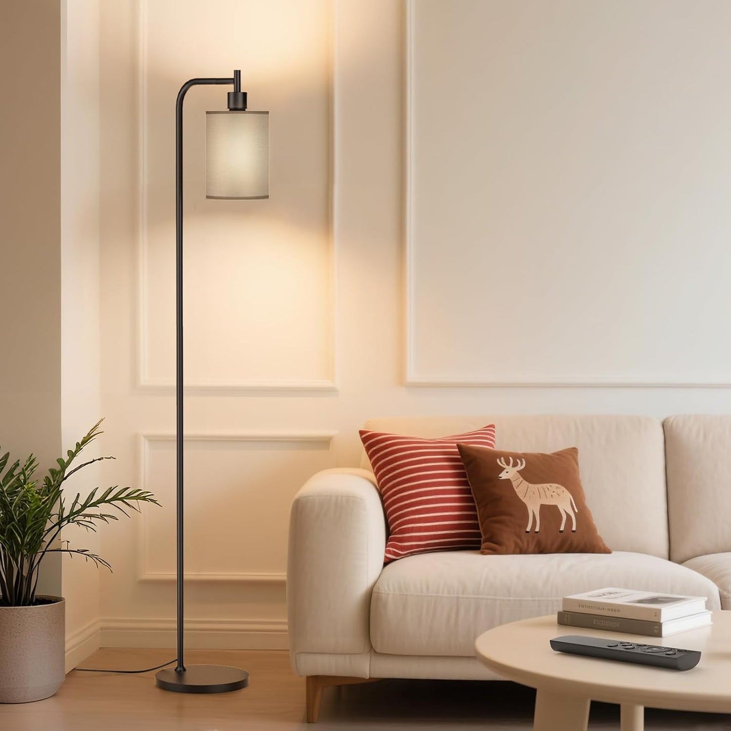 Dimmable Floor Lamp with Linen Shade & Remote Control - Modern 9W LED Standing Lamp for Living Room, Bedroom, Office