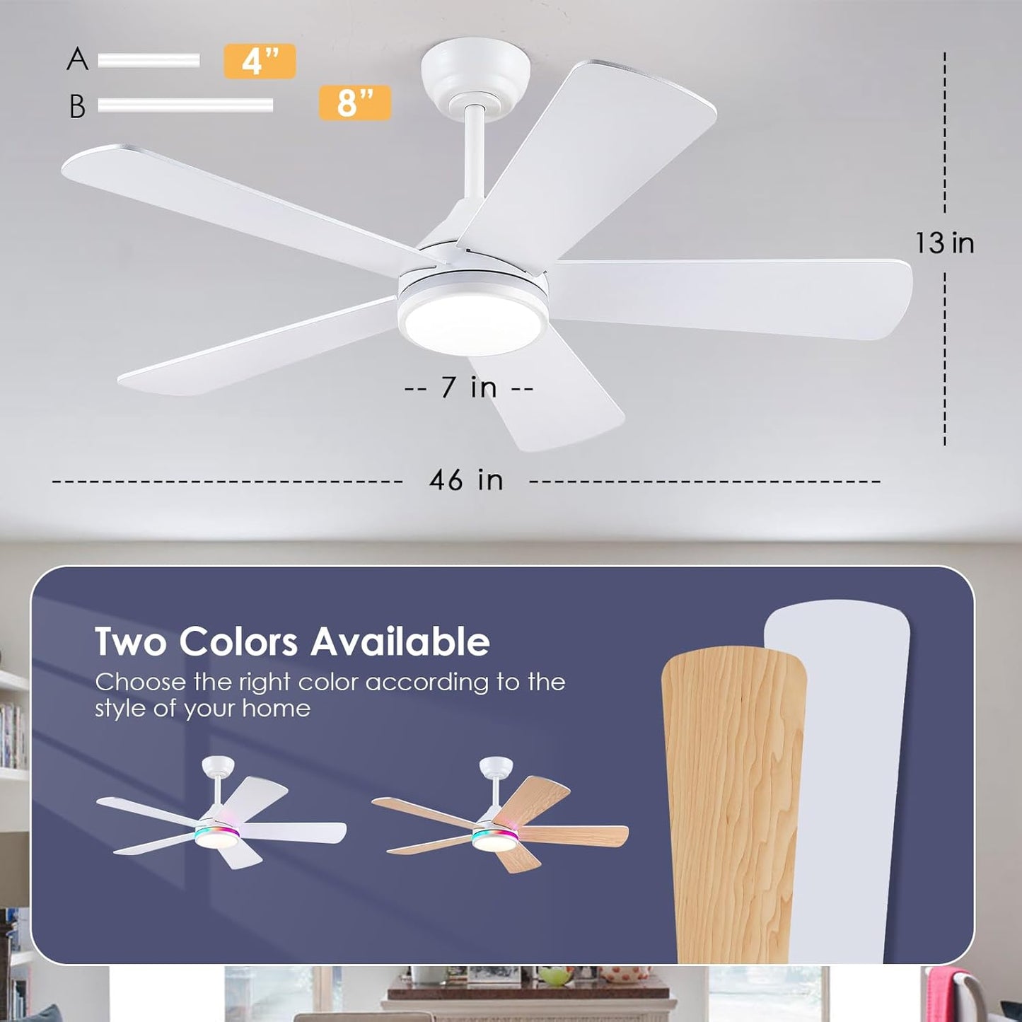 46” Black Low Profile Ceiling Fan with Lights & Remote Control - Dimmable, Noiseless, Reversible for Bedroom