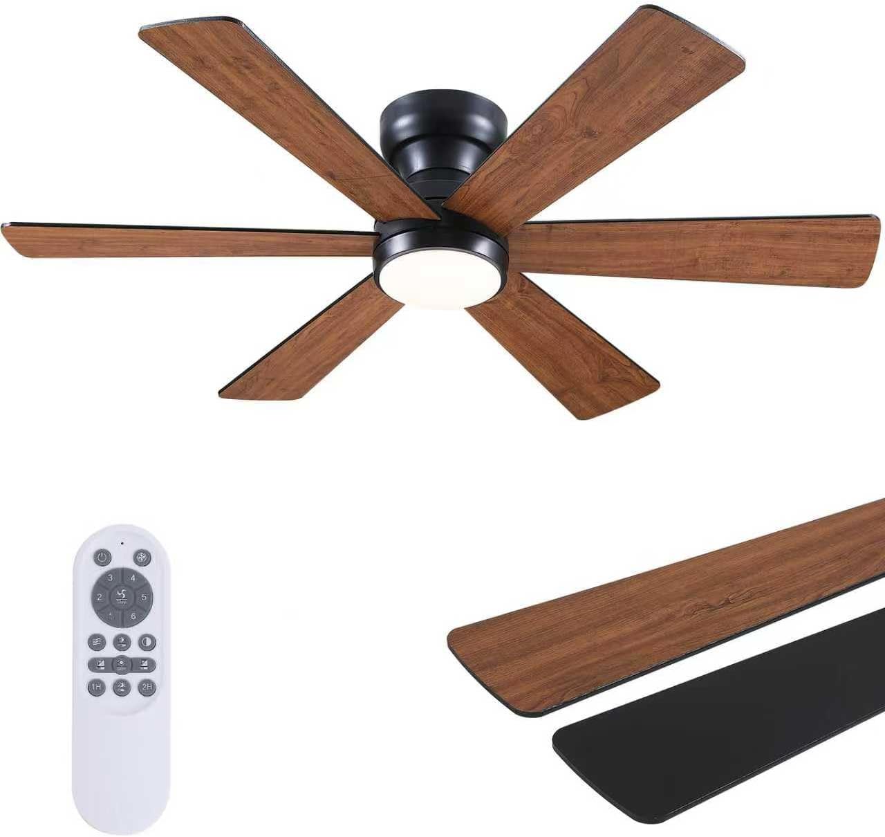 46” Black Low Profile Ceiling Fan with Lights & Remote Control - Dimmable, Noiseless, Reversible for Bedroom