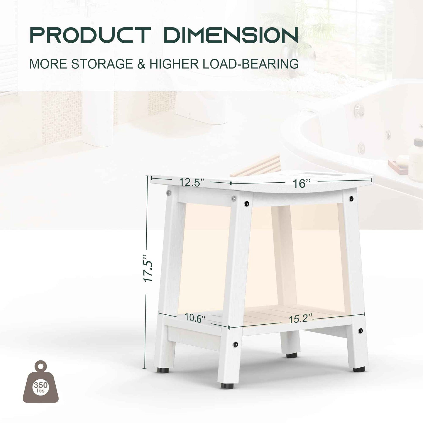 BEKVEM Shower Bench for Inside Shower - White HDPE Shower Stool Waterproof - Spa Bathroom Seat Chair with Handle, Storage Shelf, Adjustable Feet - Indoor/Outdoor, Weather Resistant
