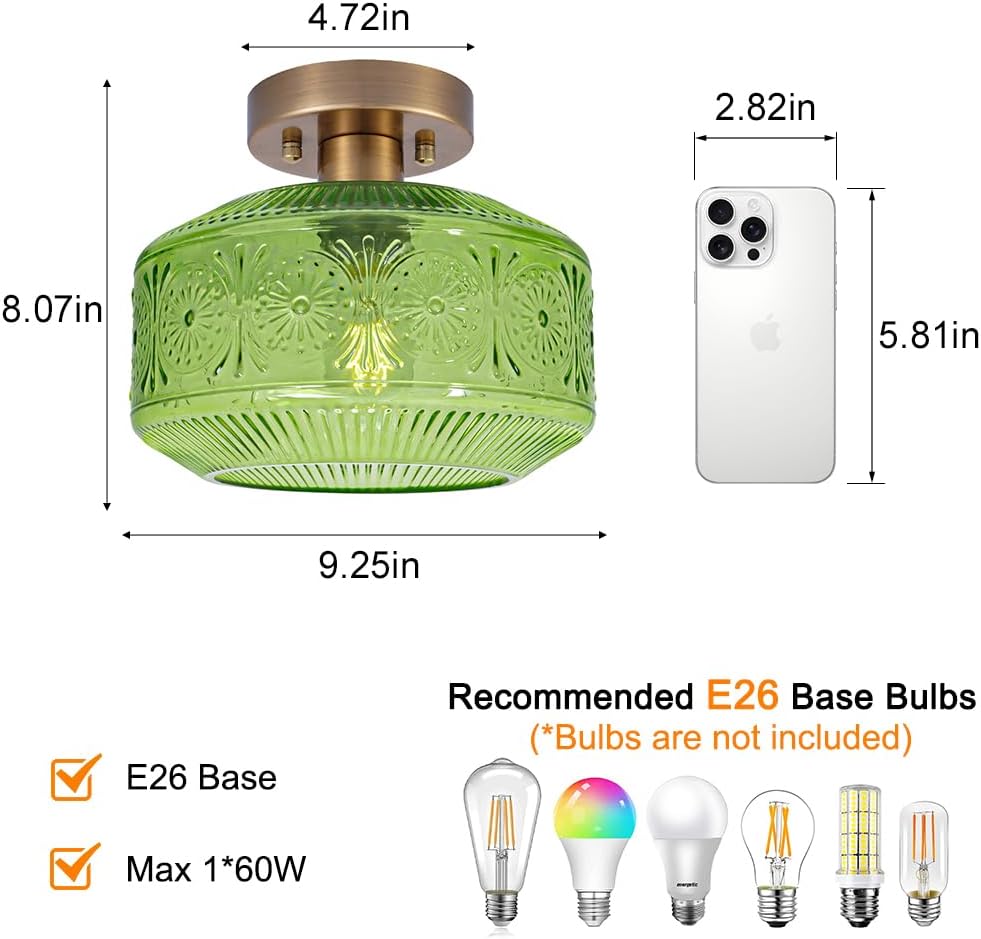 Vintage Semi Flush Mount Ceiling Light Fixture - Brass & Thickened Glass for Hallway, Entryway, Bedroom, Bathroom
