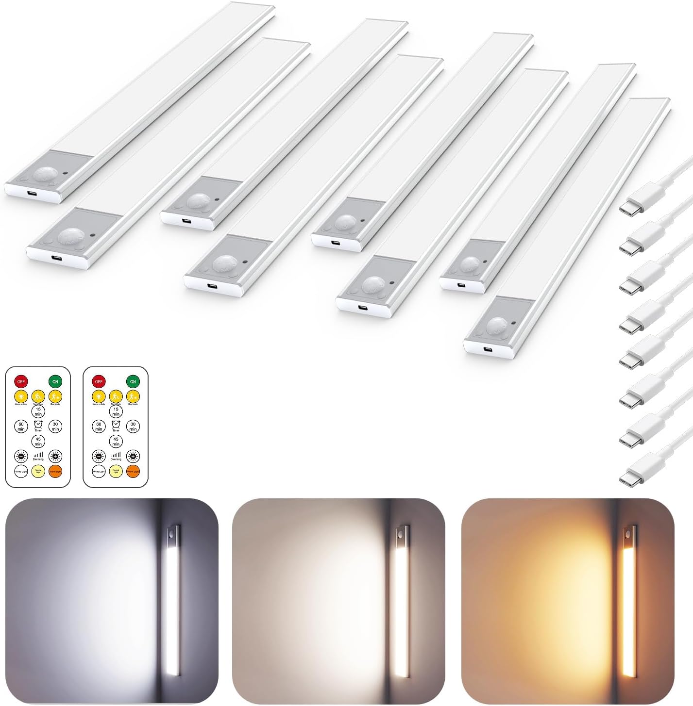 12" Wireless Ultra-Thin Under Cabinet Lighting - Rechargeable Motion Sensor Kitchen Lights, 3 Color Temps, Magnetic Aluminum Alloy (4 Pack, Silver)