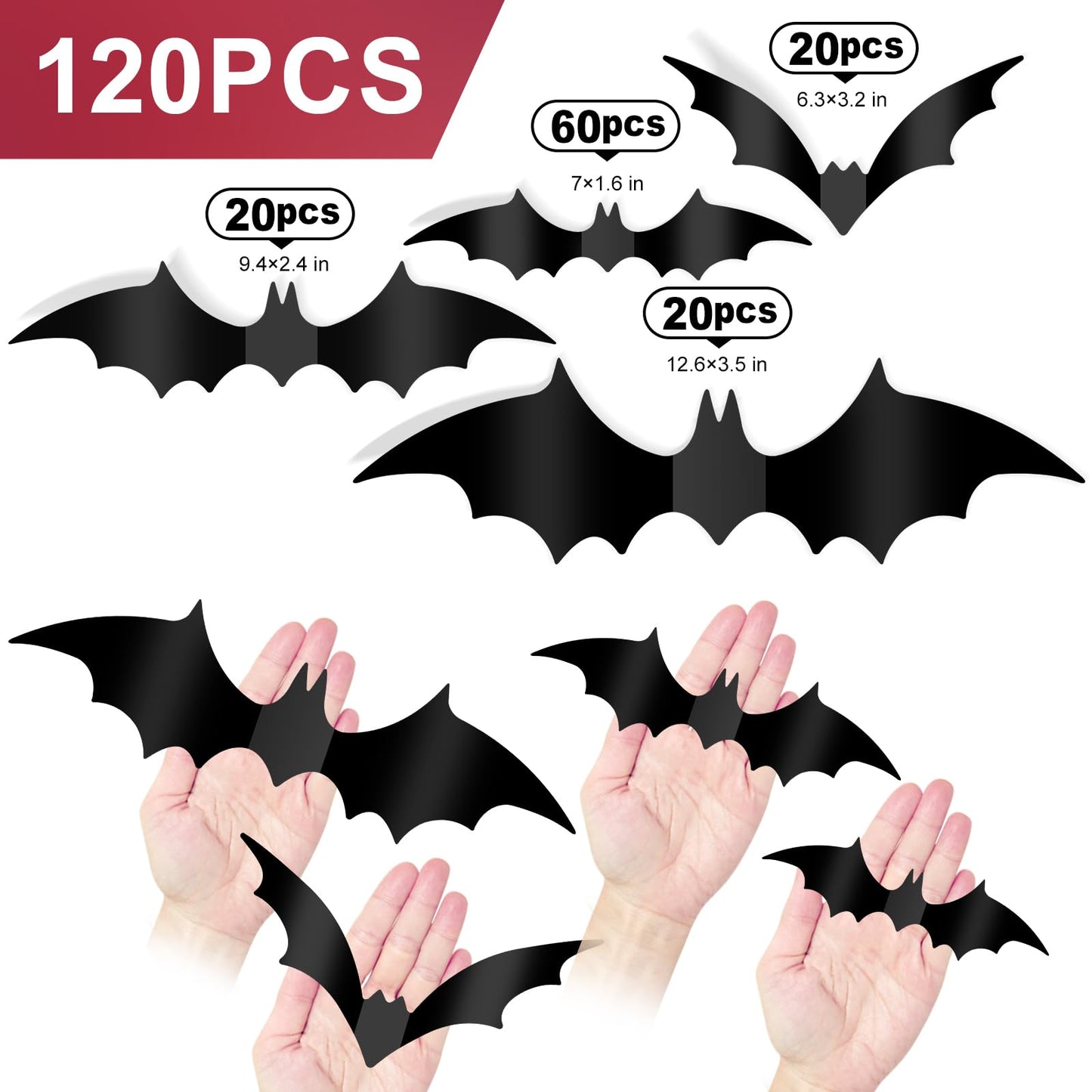Halloween Decorations Bats Wall Stickers,120 PCS Reusable 3D Black Halloween Bats Scary Stickers with Double-Sided Tape for Halloween Home Decor DIY Window Wall Indoor Outdoor Halloween Party Supplies