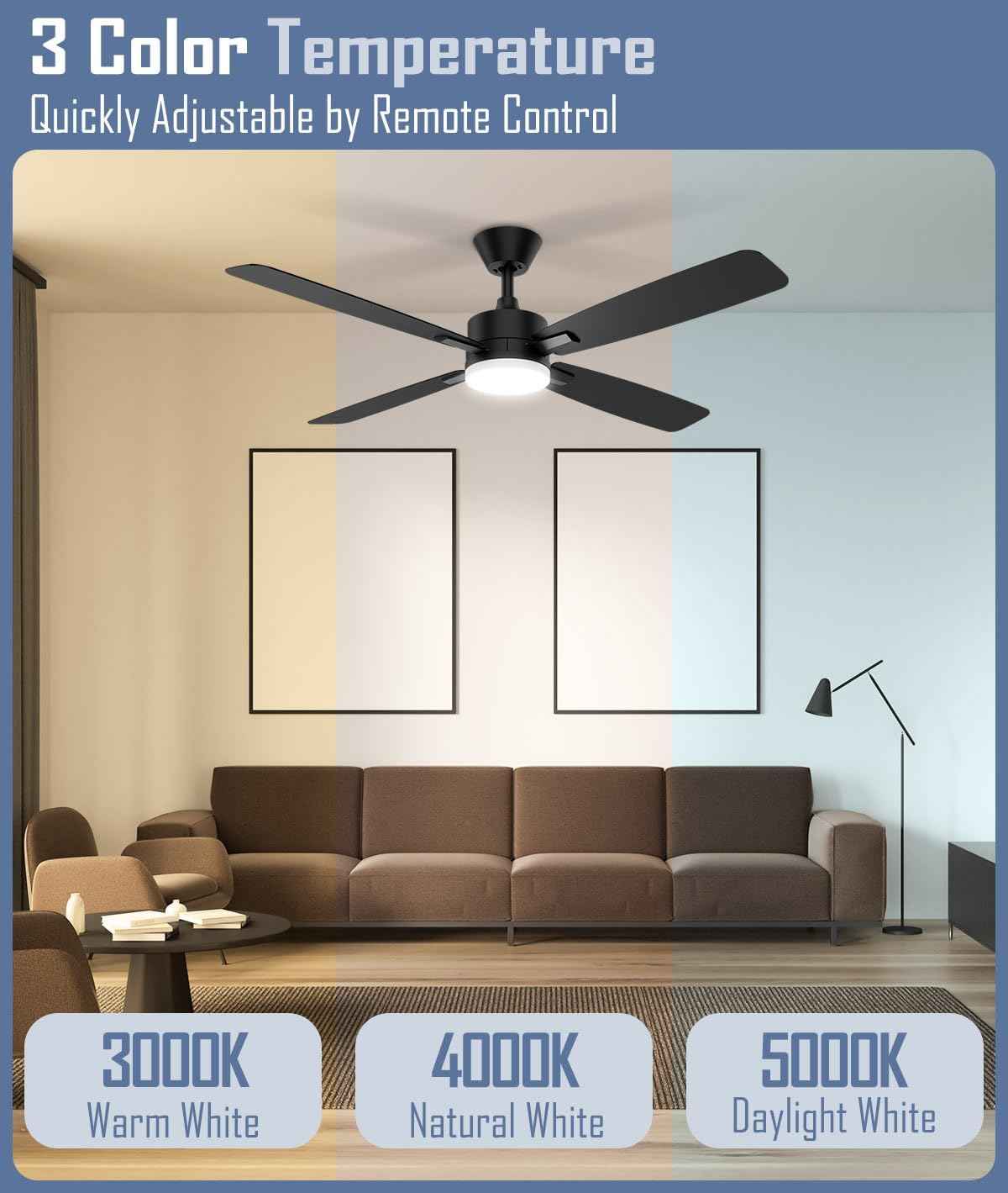 52-Inch Ceiling Fan with Remote Control & Dimmable Light - Noiseless DC Motor for Indoor/Outdoor Use