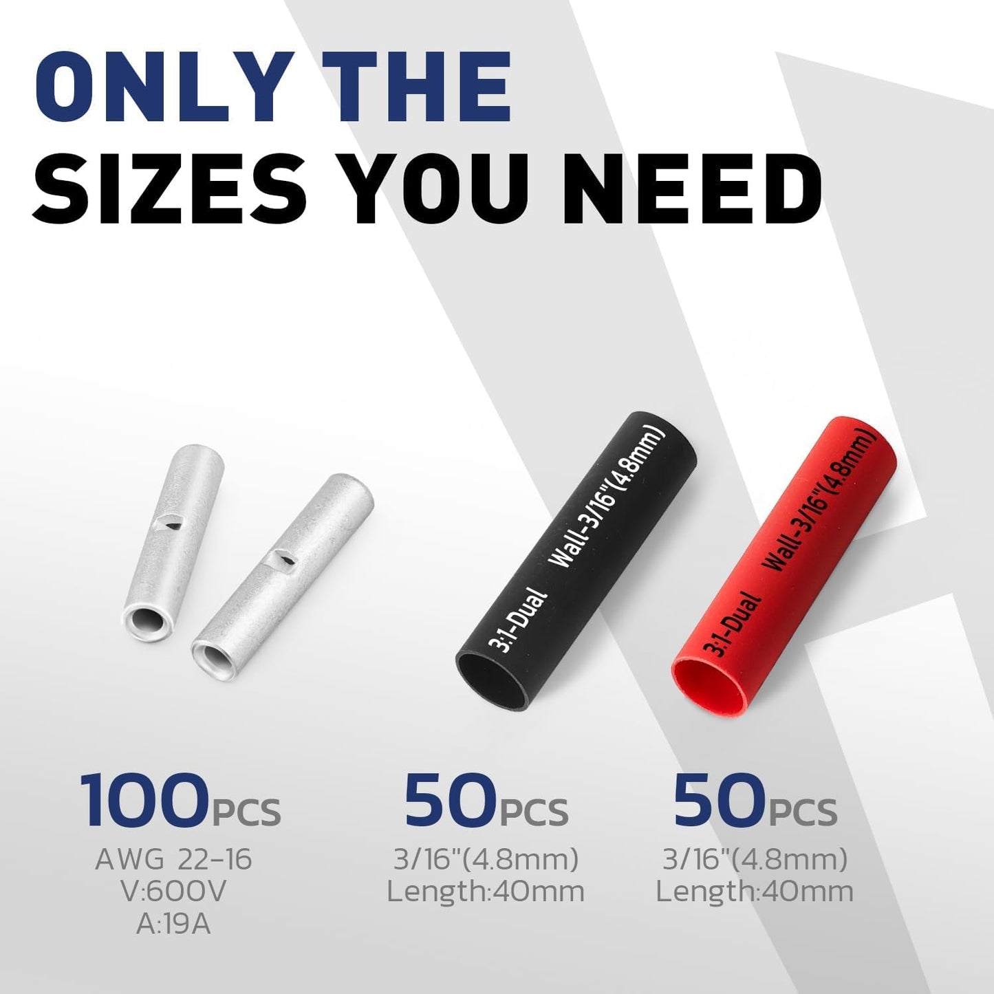 haisstronica 200PCS Non Insulated Butt Connectors Kit with Heat Shrink Tubing, AWG 22-16 Tinned Copper Seamless Butt Splice Terminals and 3:1 Shrink Tube for Automotive, Marine, Wiring Projects