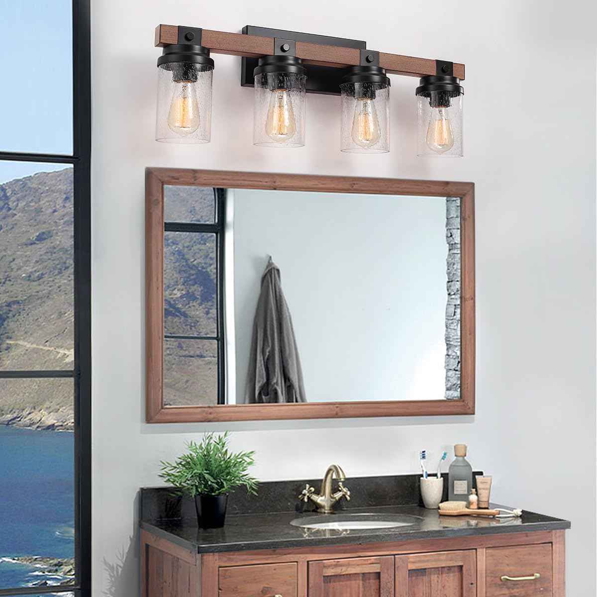 Farmhouse 2-Light Vanity Lights for Bathroom - Rustic Black Wood & Glass Sconces